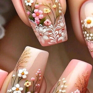 24Pcs Medium Coffin 3D Sculpture Press-On Nails Pink Gradient Flower Stripe sh